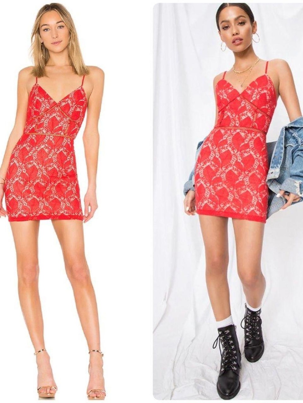 Women's Superdown Red Lace Mini Dress with Spaghetti Straps
